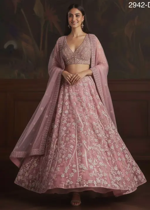 Heavy Sequence Embroidery Reception Pink Lehenga