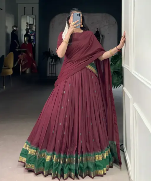 Maroon Color Chanderi Cotton half Saree