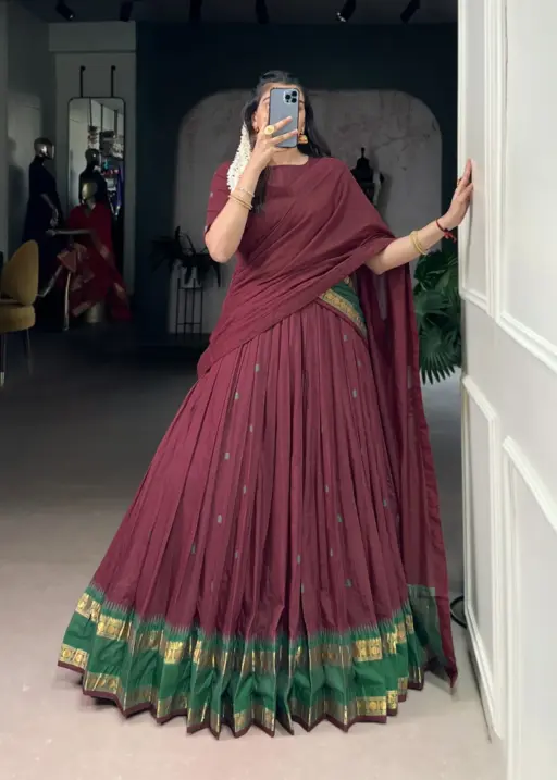 Maroon Color Chanderi Cotton half Saree