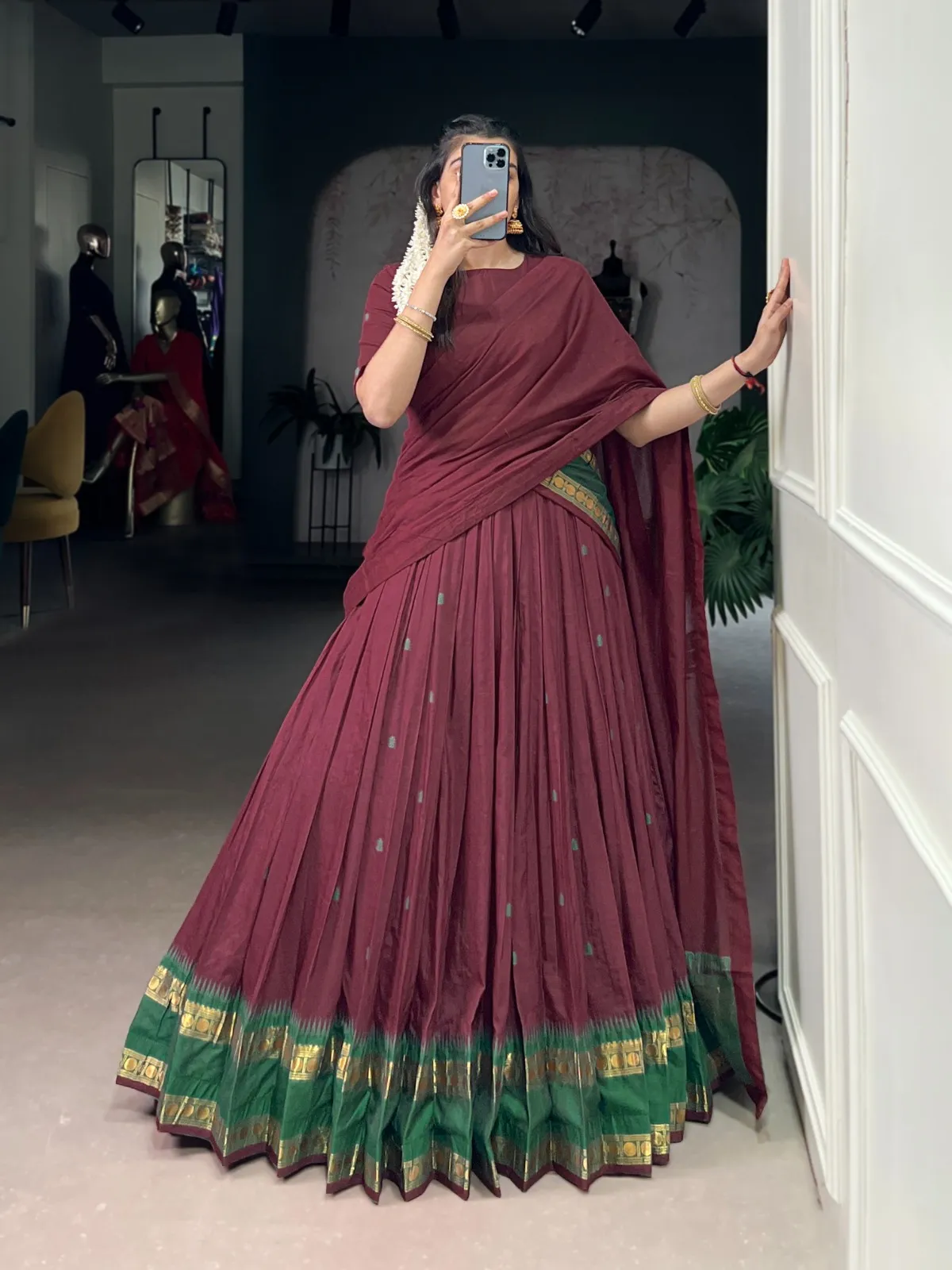 Maroon Color Chanderi Cotton half Saree