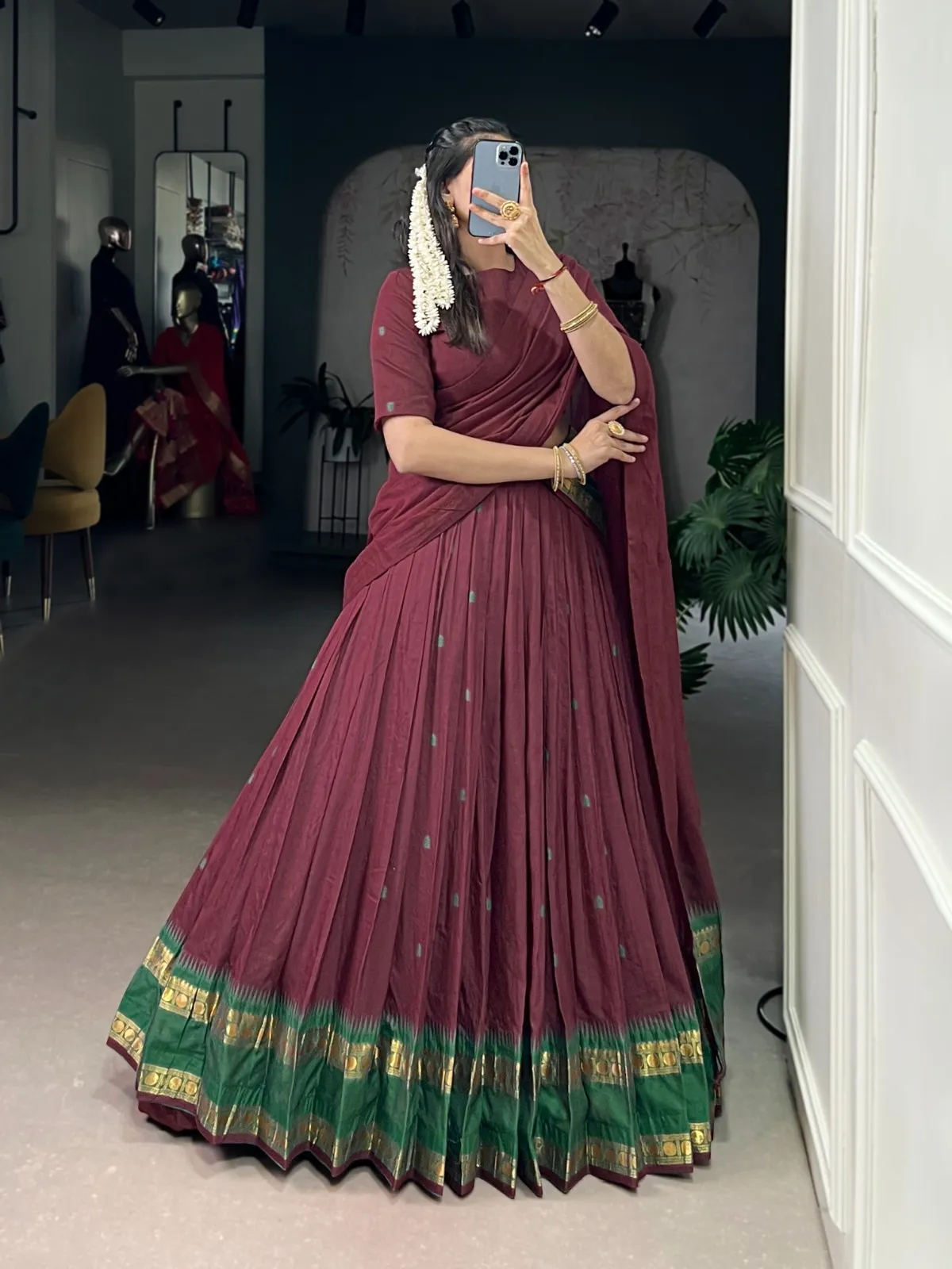 Maroon Color Chanderi Cotton half Saree - Image 2