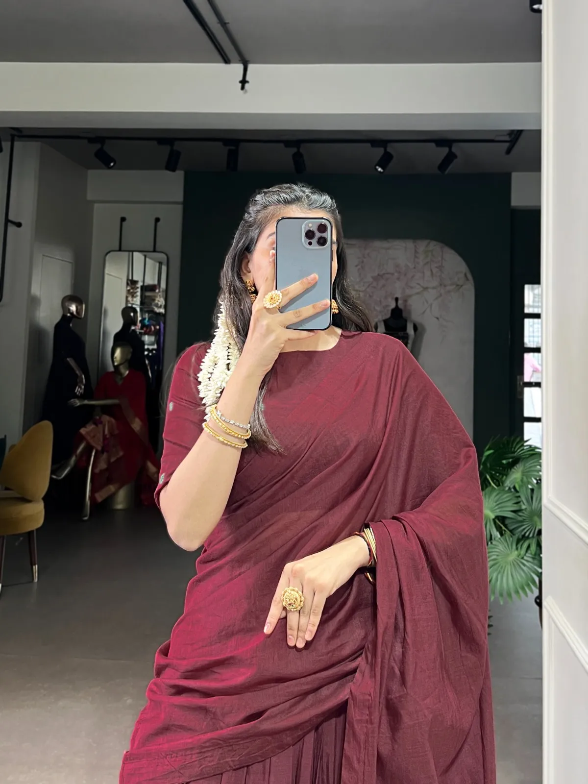 Maroon Color Chanderi Cotton half Saree - Image 3