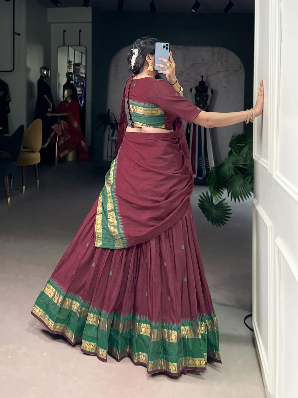 Maroon Color Chanderi Cotton half Saree - Image 4