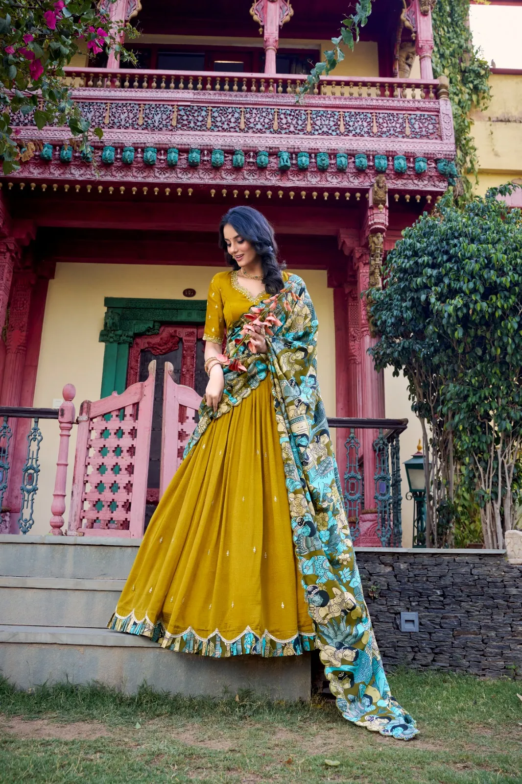 Mustard Lehenga with Printed Dupatta - Image 3