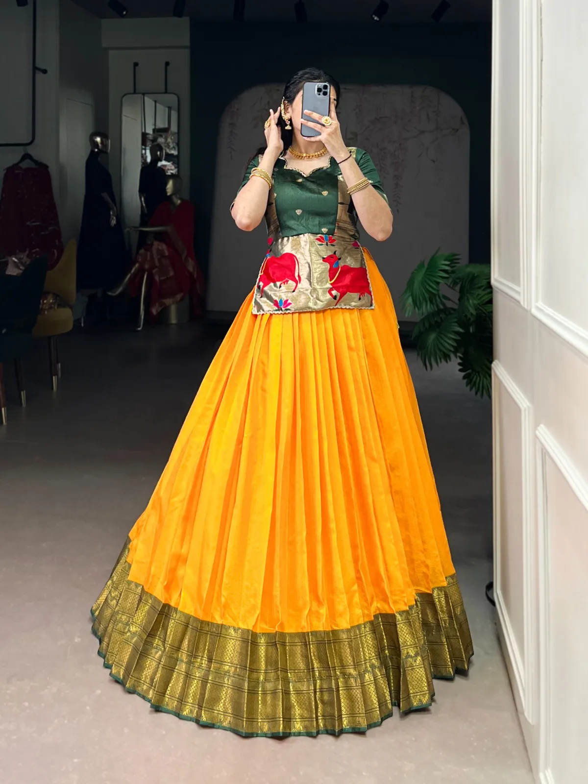 Mustard Readymade Cotton silk Lehenga