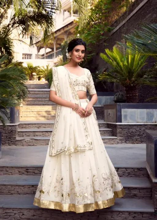 Off-White Lehenga Choli with Golden Embroidery work