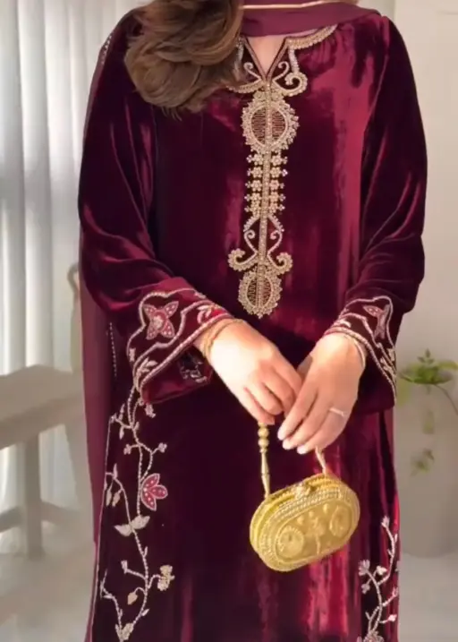 Pakistani Style Red Velvet Plazzo Salwar Set