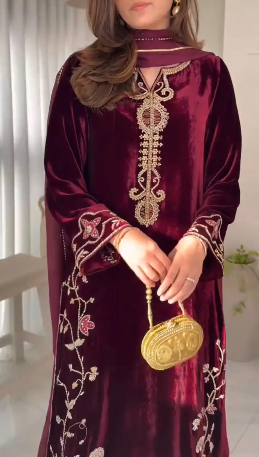 Pakistani Style Red Velvet Plazzo Salwar Set