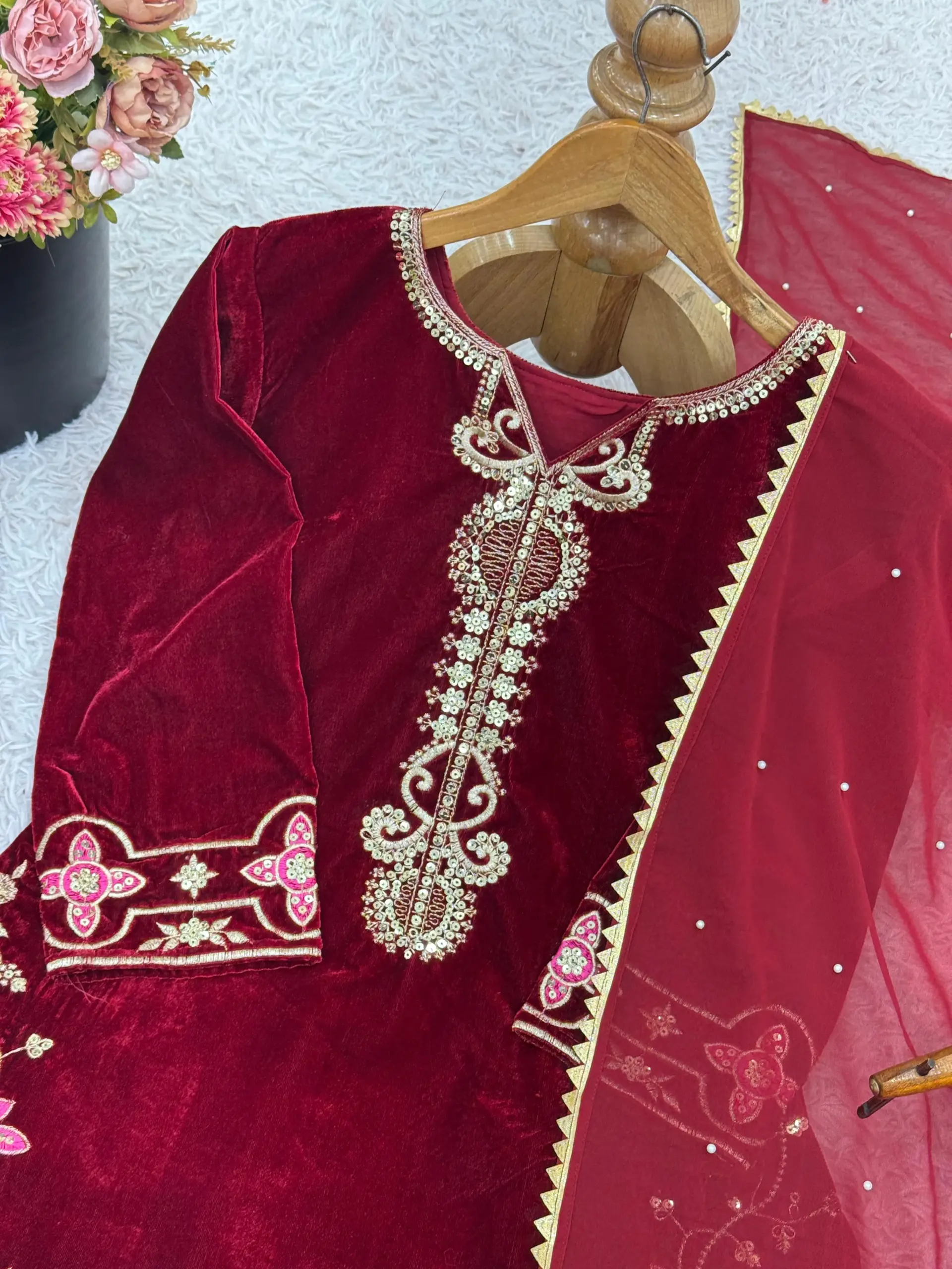 Pakistani Style Red Velvet Plazzo Salwar Set - Image 2