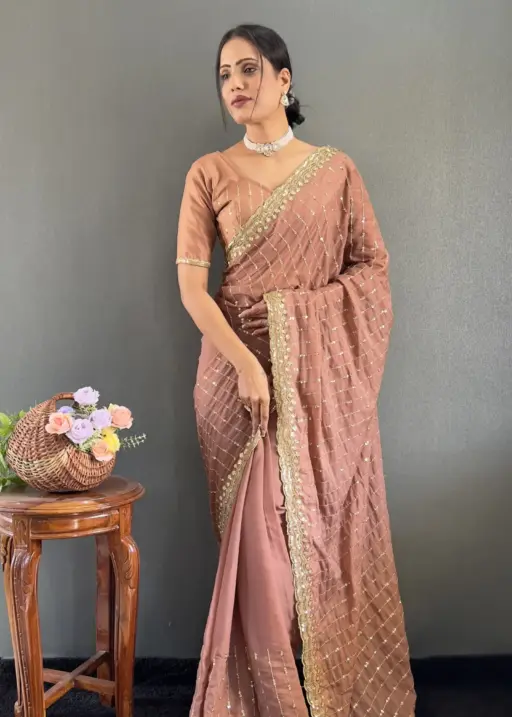 Party Special Brown Readymade Saree