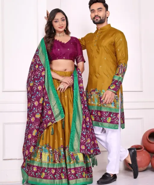 Patola Printed Couple Lehenga Choli and Men's Kurta