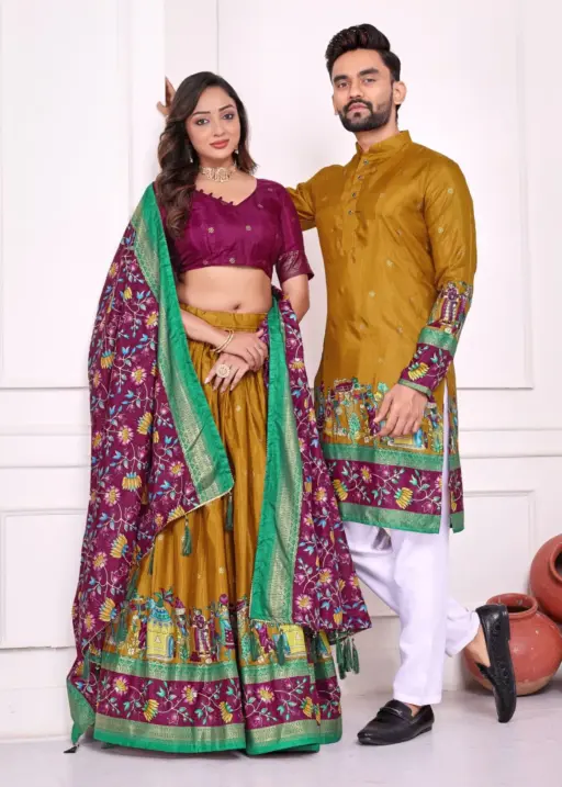 Patola Printed Couple Lehenga Choli and Men's Kurta