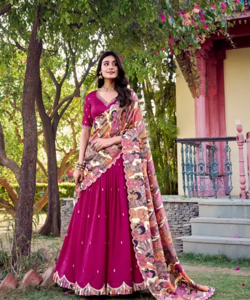 Pink Lehenga with Kalamkari Printed Dupatta