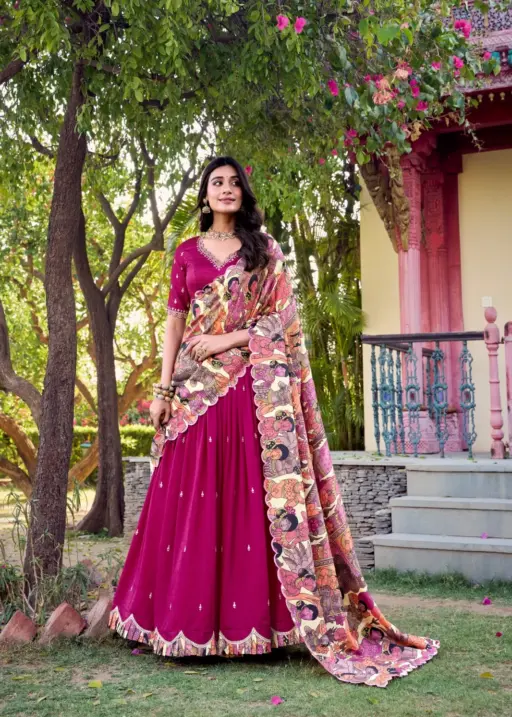Pink Lehenga with Kalamkari Printed Dupatta