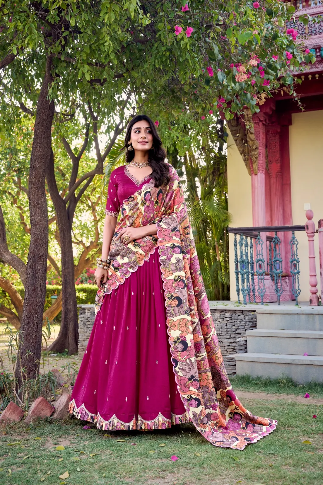 Pink Lehenga with Kalamkari Printed Dupatta