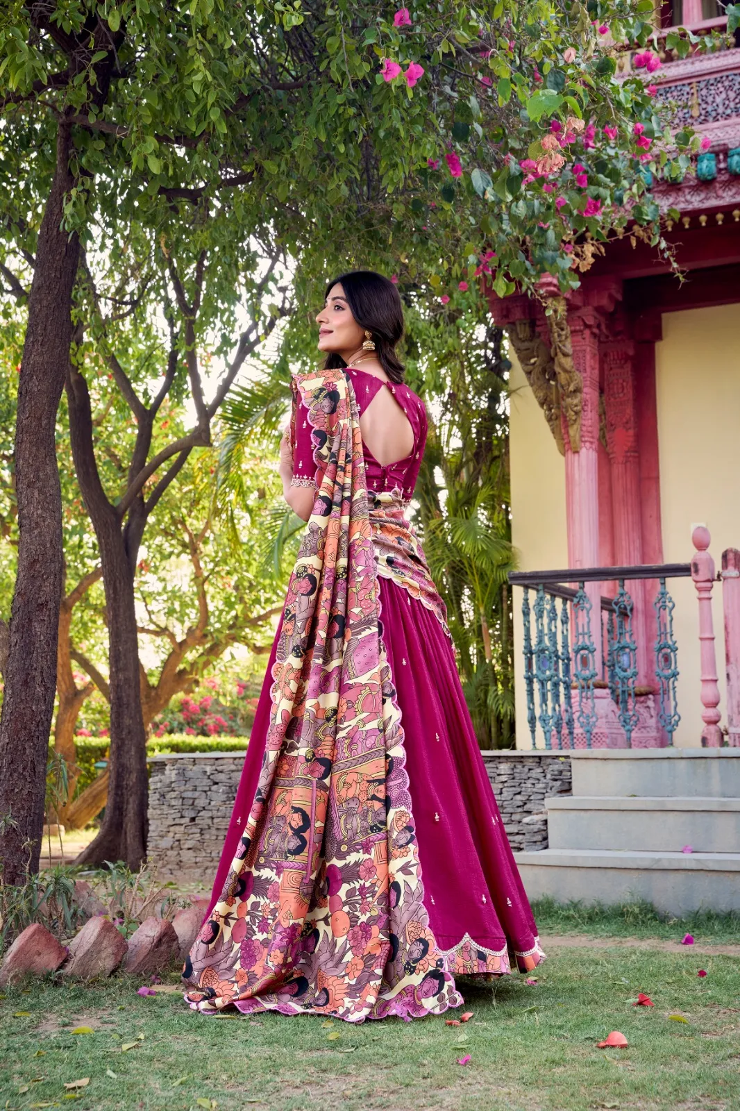 Pink Lehenga with Kalamkari Printed Dupatta - Image 3