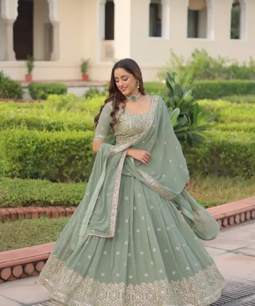 Pista Color Embroidery Lehenga Under 2000