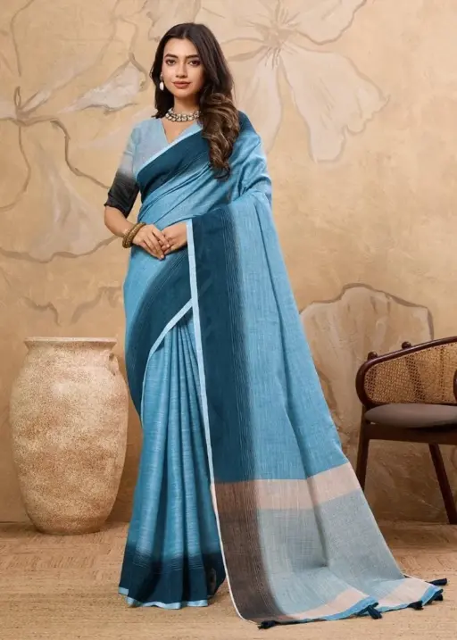 Plain Linen Saree in Pastel Color