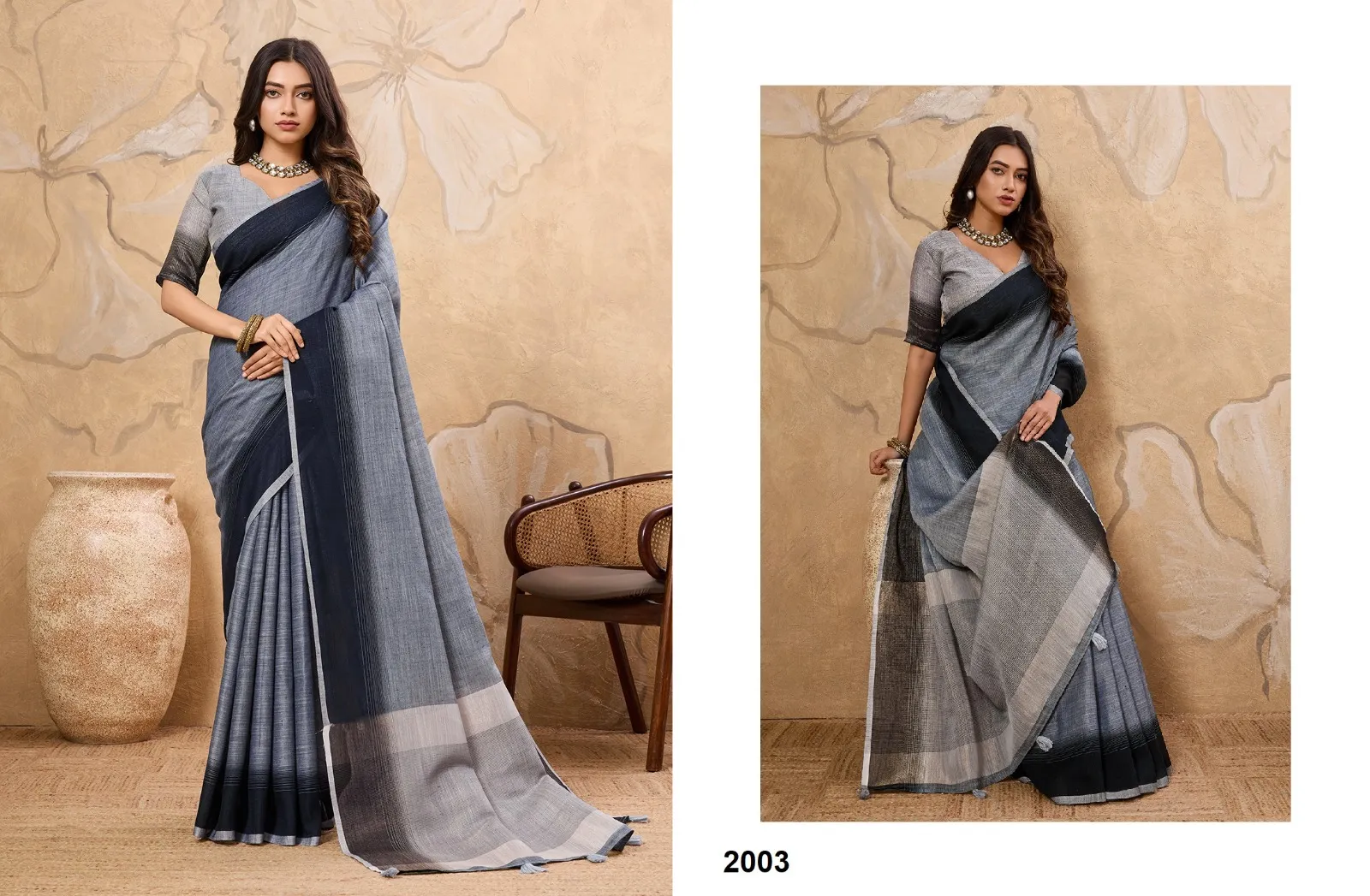 Plain Linen Saree in Pastel Color - Image 2