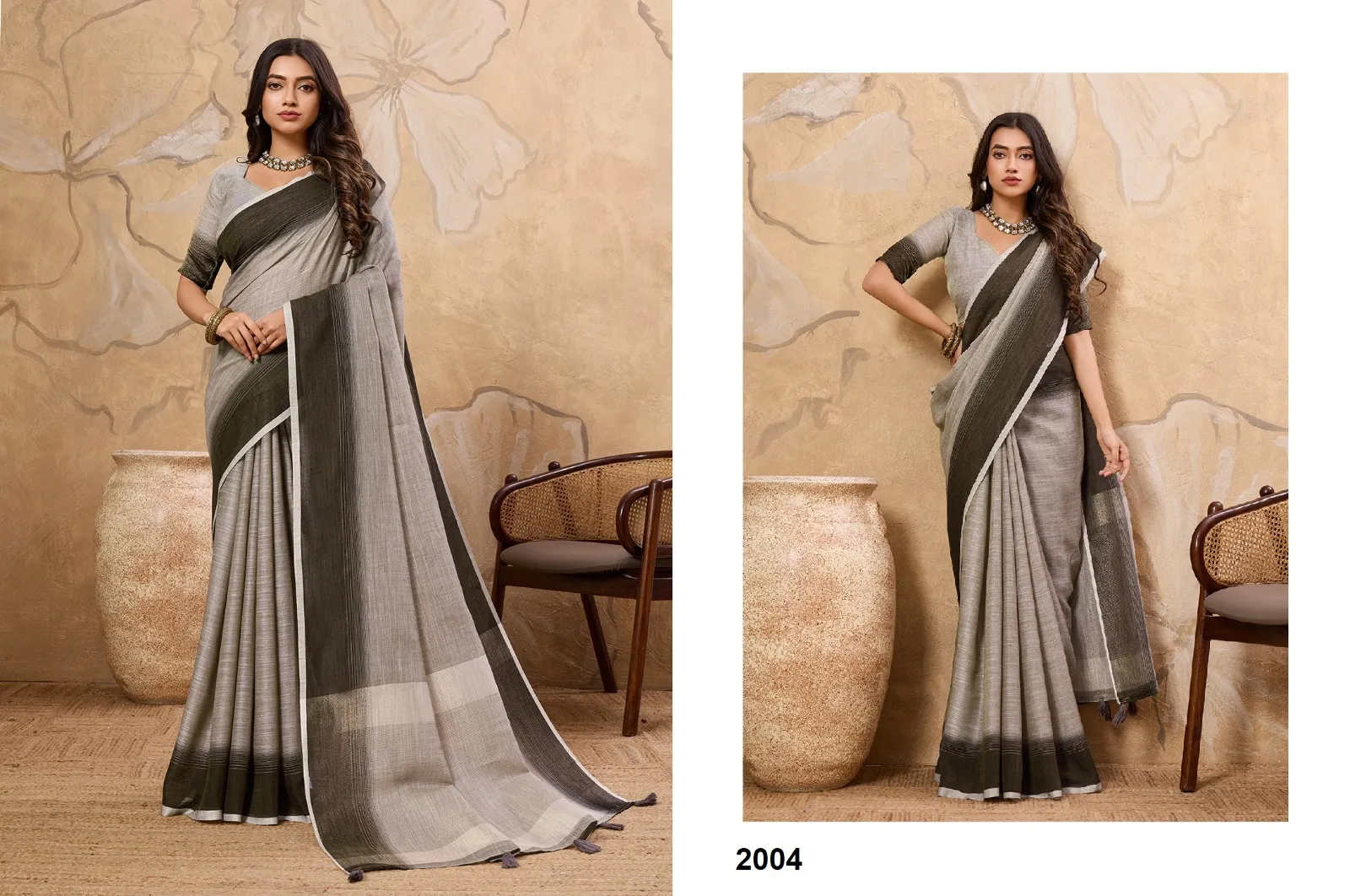 Plain Linen Saree in Pastel Color - Image 3