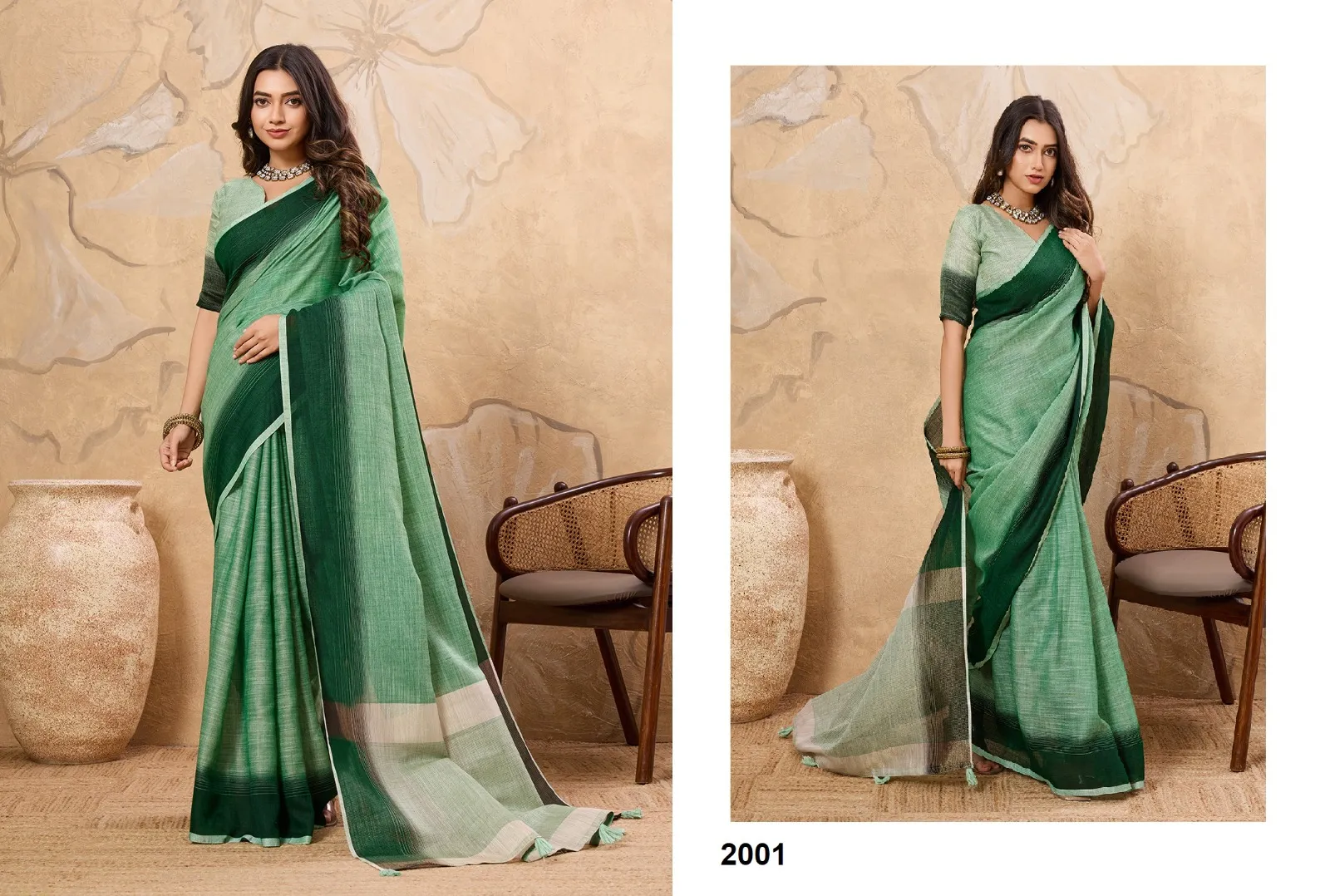 Plain Linen Saree in Pastel Color - Image 5