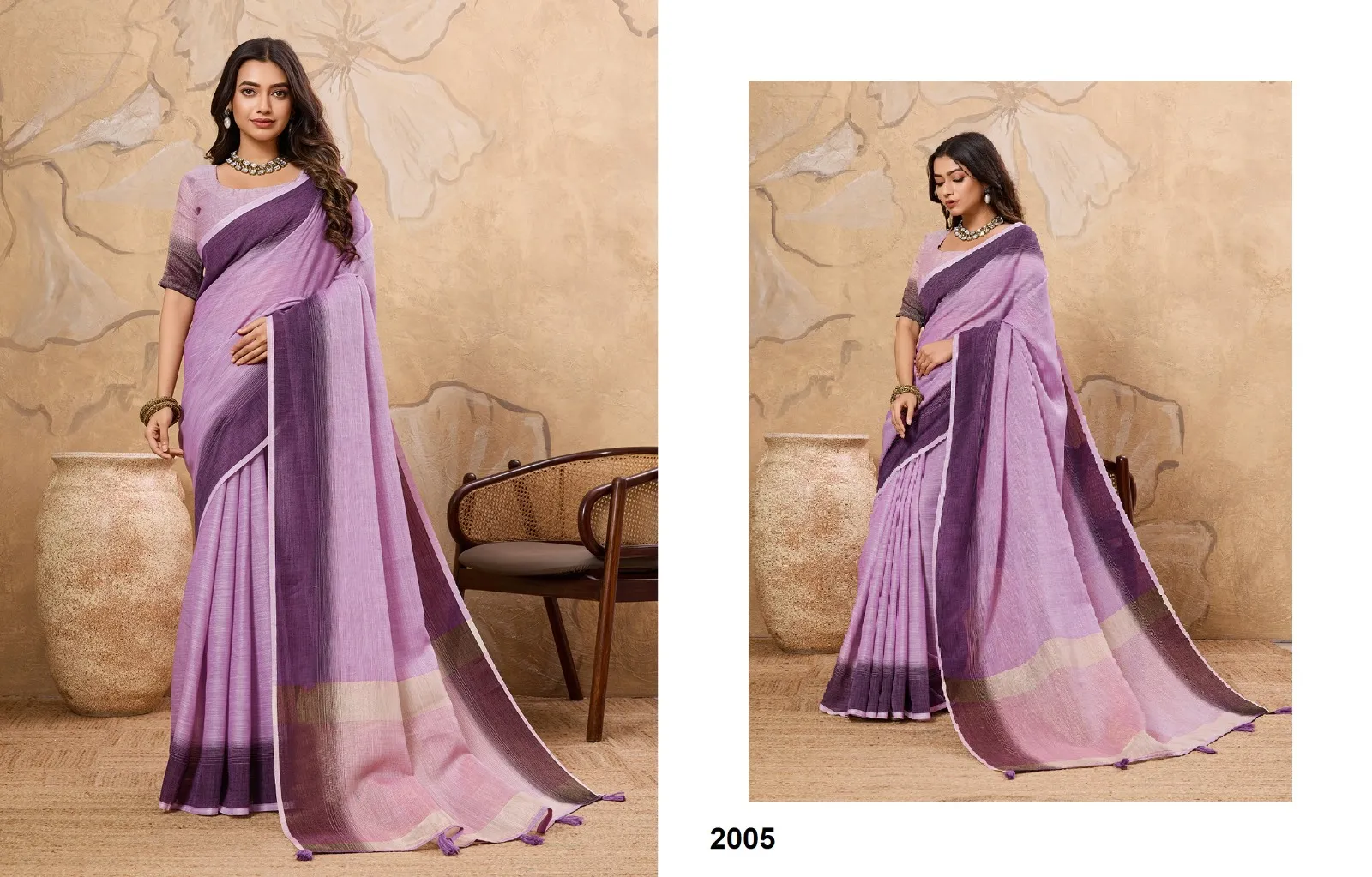 Plain Linen Saree in Pastel Color - Image 6