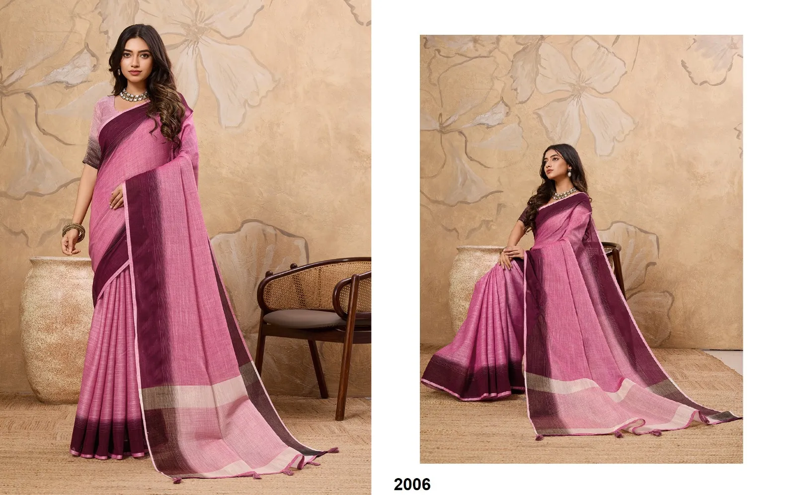 Plain Linen Saree in Pastel Color - Image 7