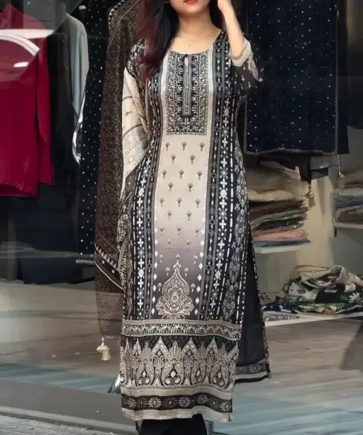 Plus Size Pakistani Printed Dress Black Color
