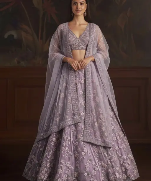 Purple Bridal Net Wedding Lehenga
