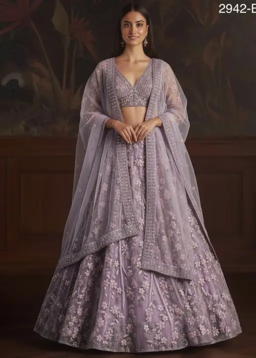 Purple Bridal Net Wedding Lehenga