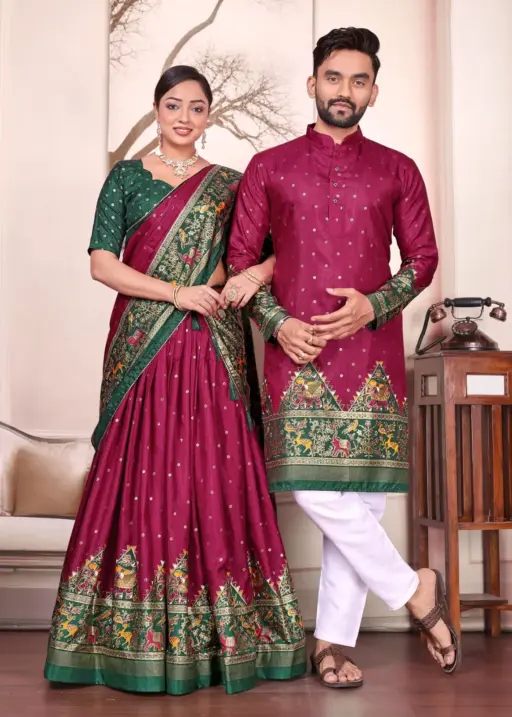 Purple Patola Printed Couple Combo Lehenga and Kurta