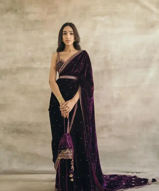 Purple Velvet Saree with Embroidery