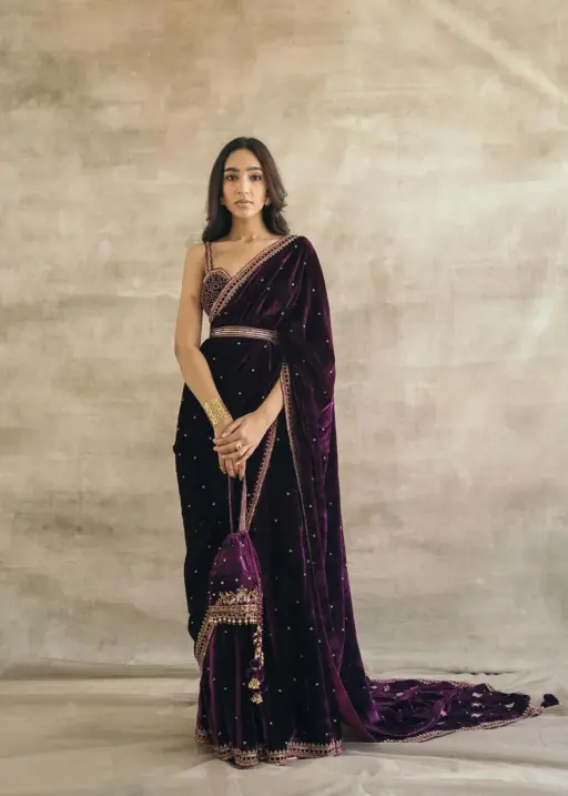 Purple Velvet Saree with Embroidery