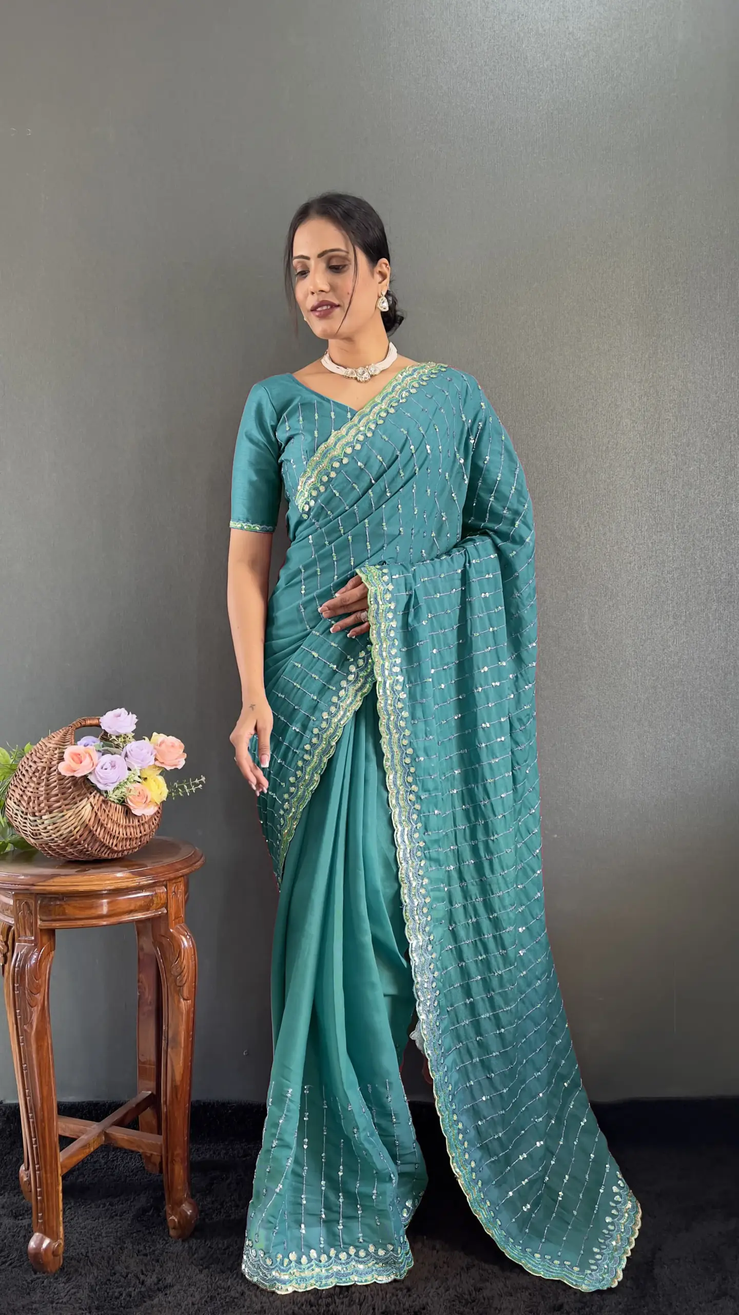 Rama Color Readymade Party Saree