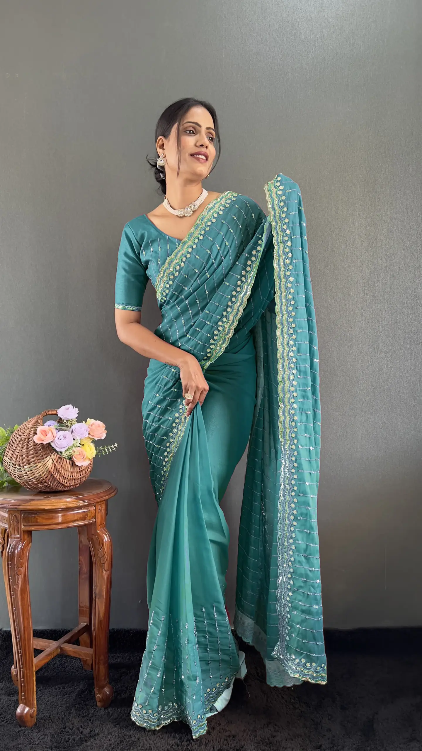 Rama Color Readymade Party Saree - Image 3