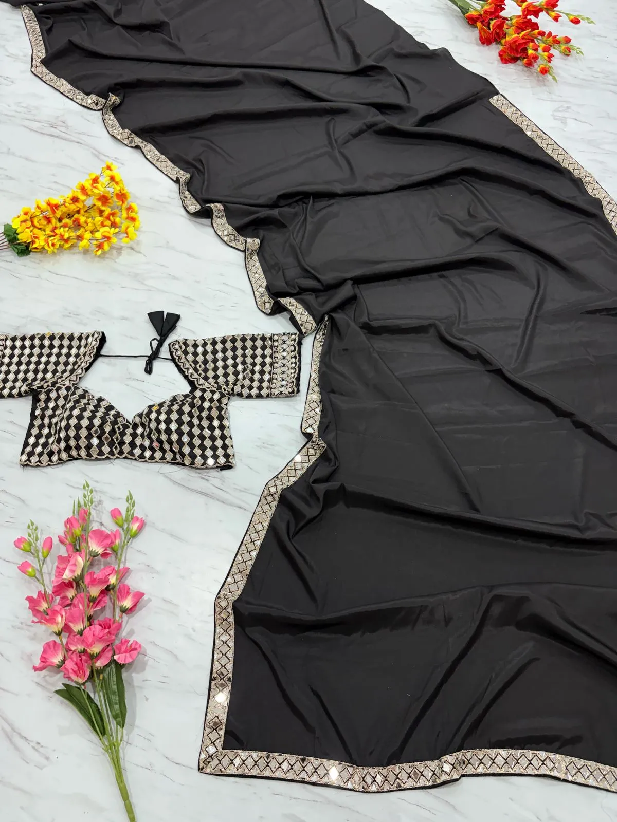 Real Mirror work Model Sarees