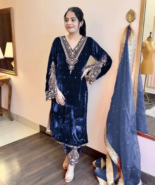 Royal Blue Velvet Embroidery Salwar
