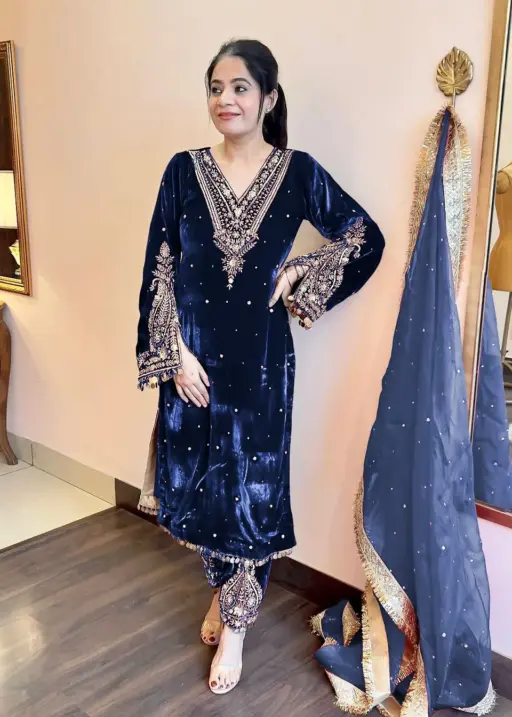 Royal Blue Velvet Embroidery Salwar