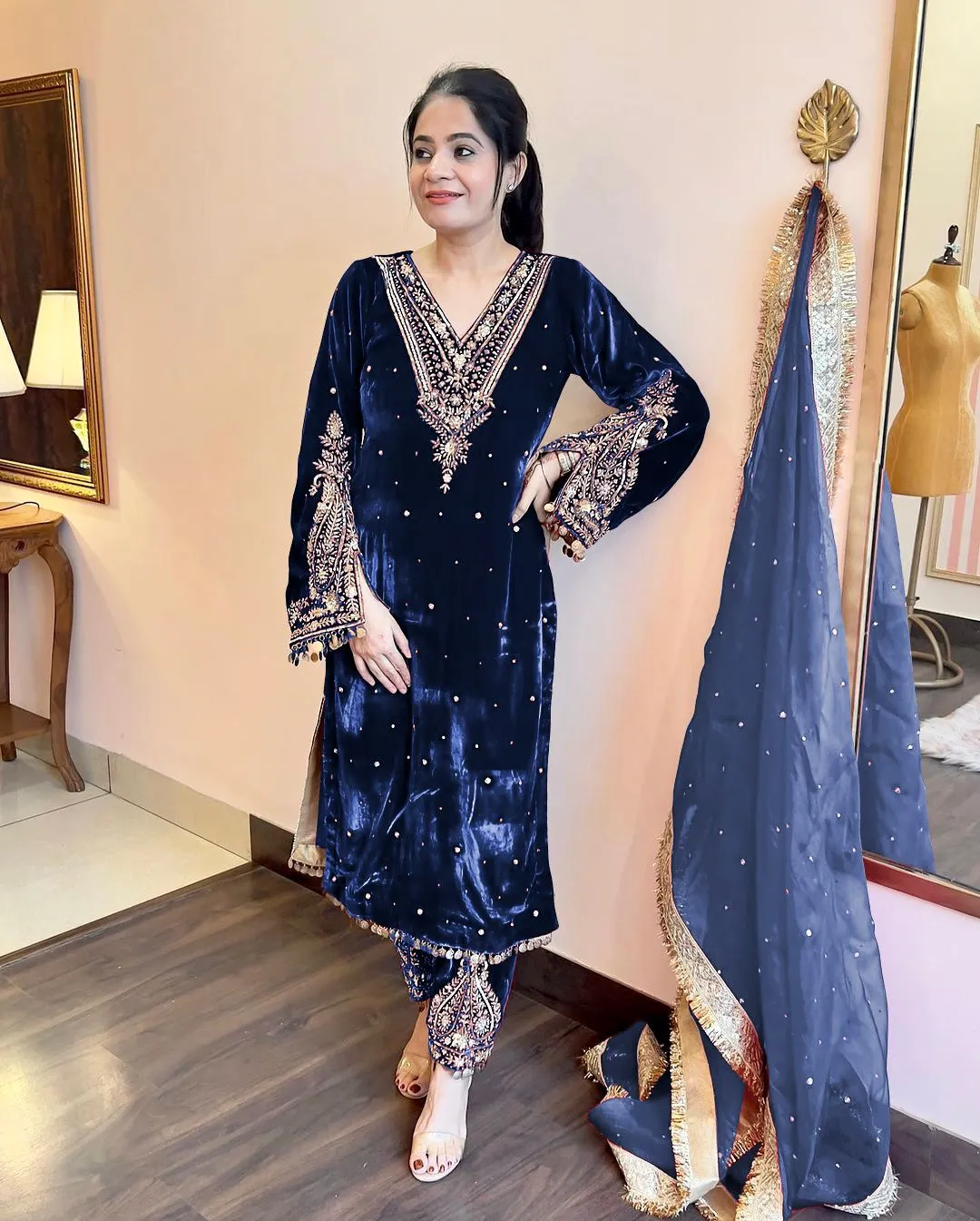 Royal Blue Velvet Embroidery Salwar