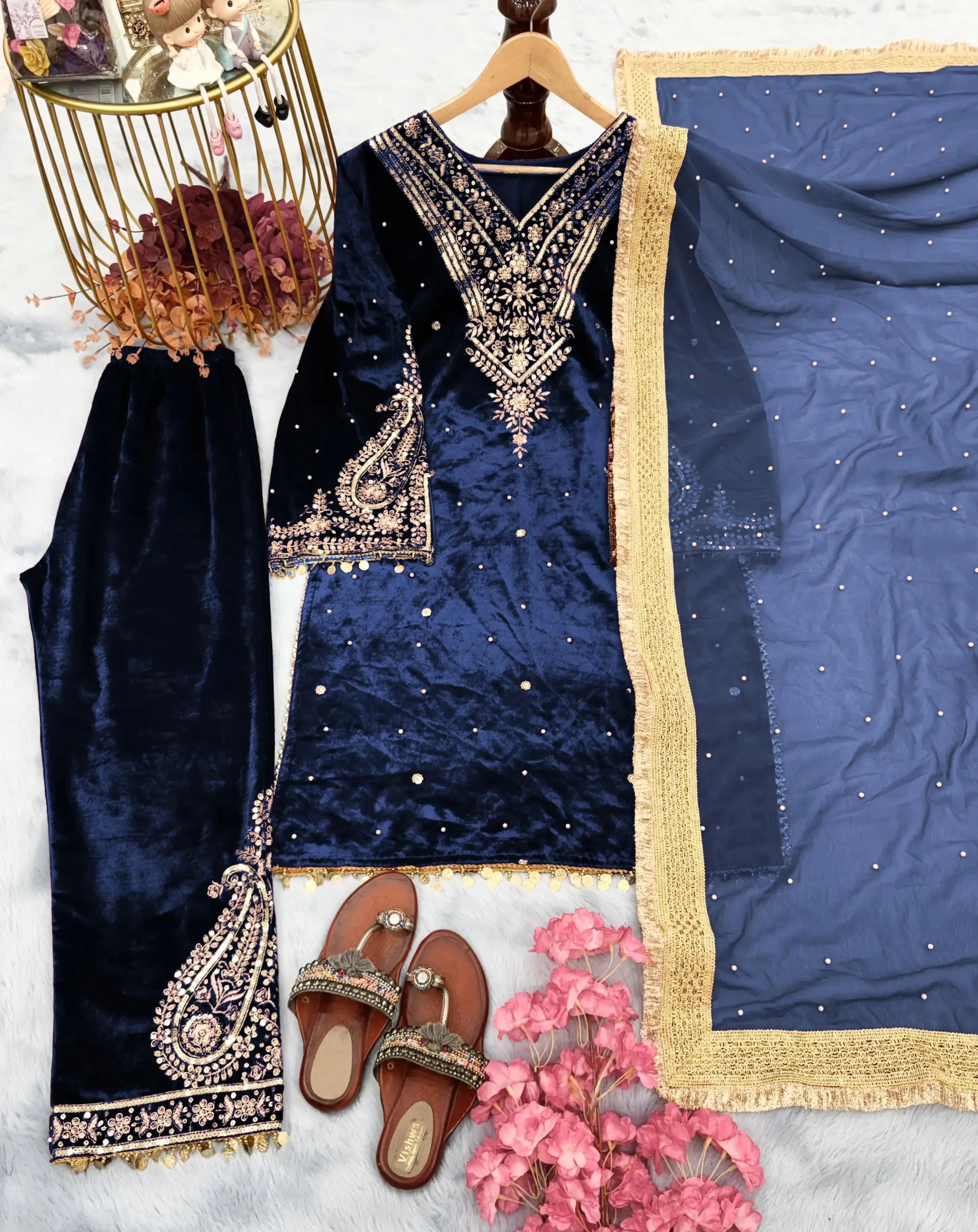 Royal Blue Velvet Embroidery Salwar - Image 2