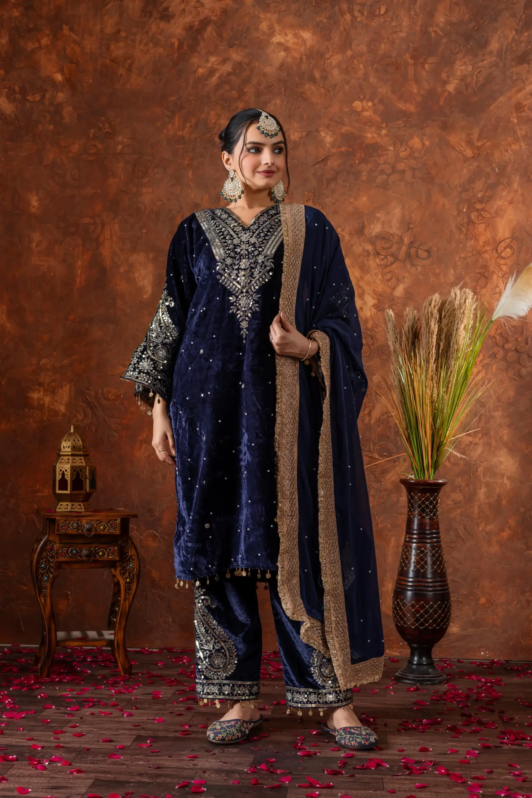 Royal Blue Velvet Embroidery Salwar - Image 3
