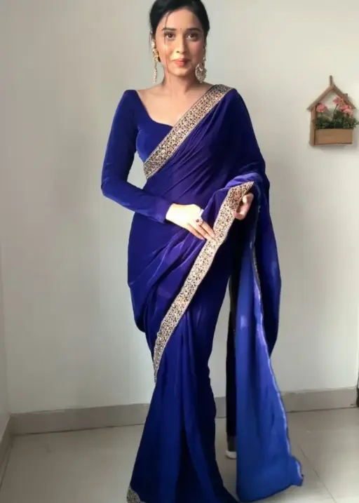 Royal Blue Velvet Readymade Saree