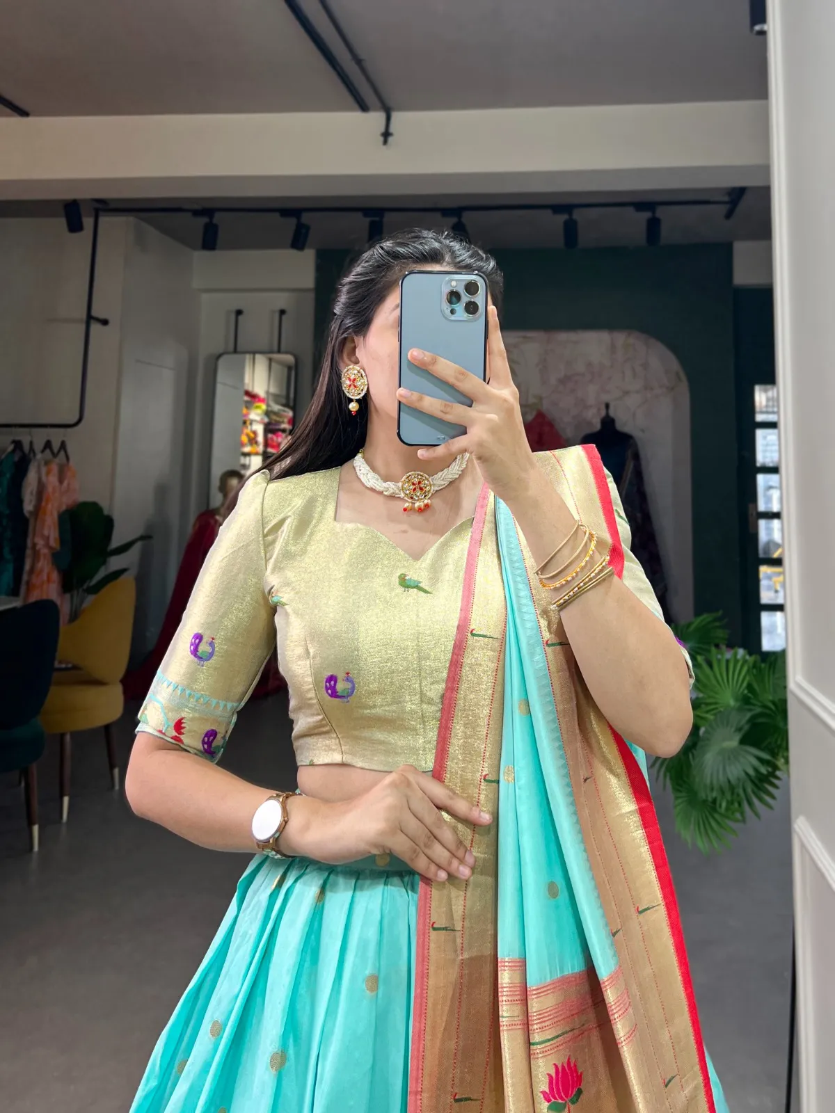 Sky Blue Paithani Silk Lehenga Choli - Image 2