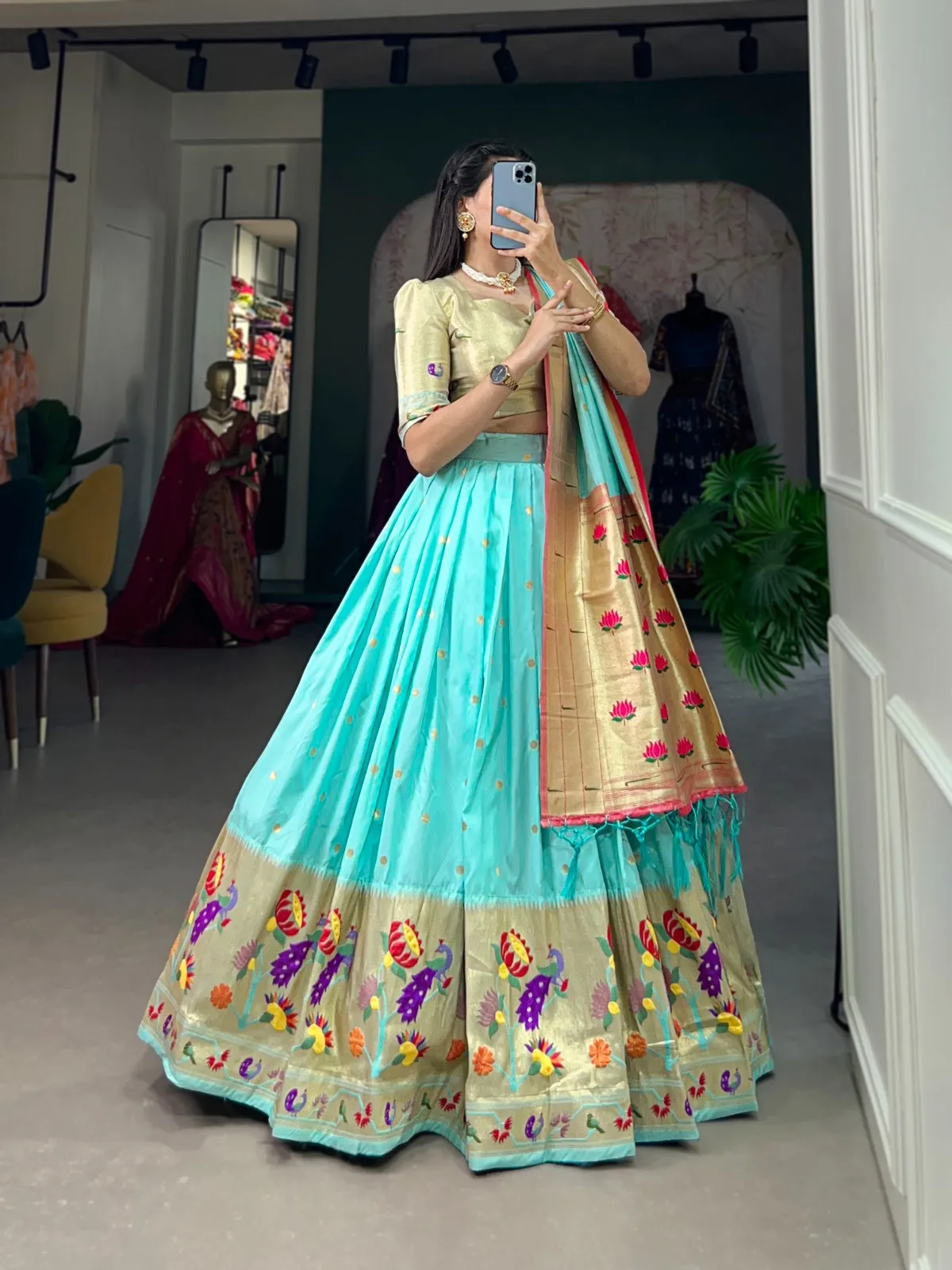 Sky Blue Paithani Silk Lehenga Choli - Image 3