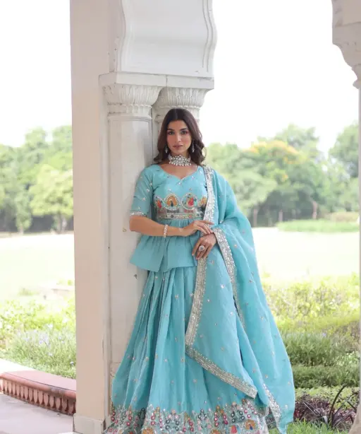 Sky Blue Readymade Lehenga with Long Blouse