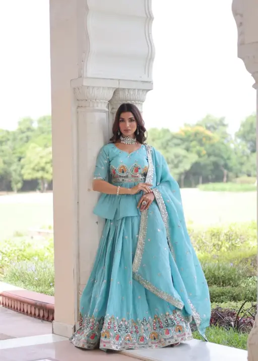 Sky Blue Readymade Lehenga with Long Blouse