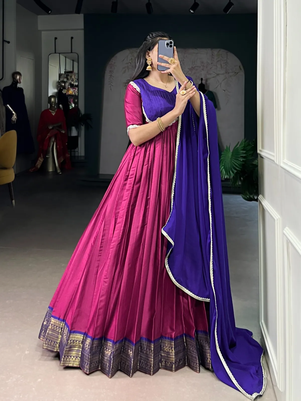 Stylish Pink Silk Gown with Dupatta - Image 3