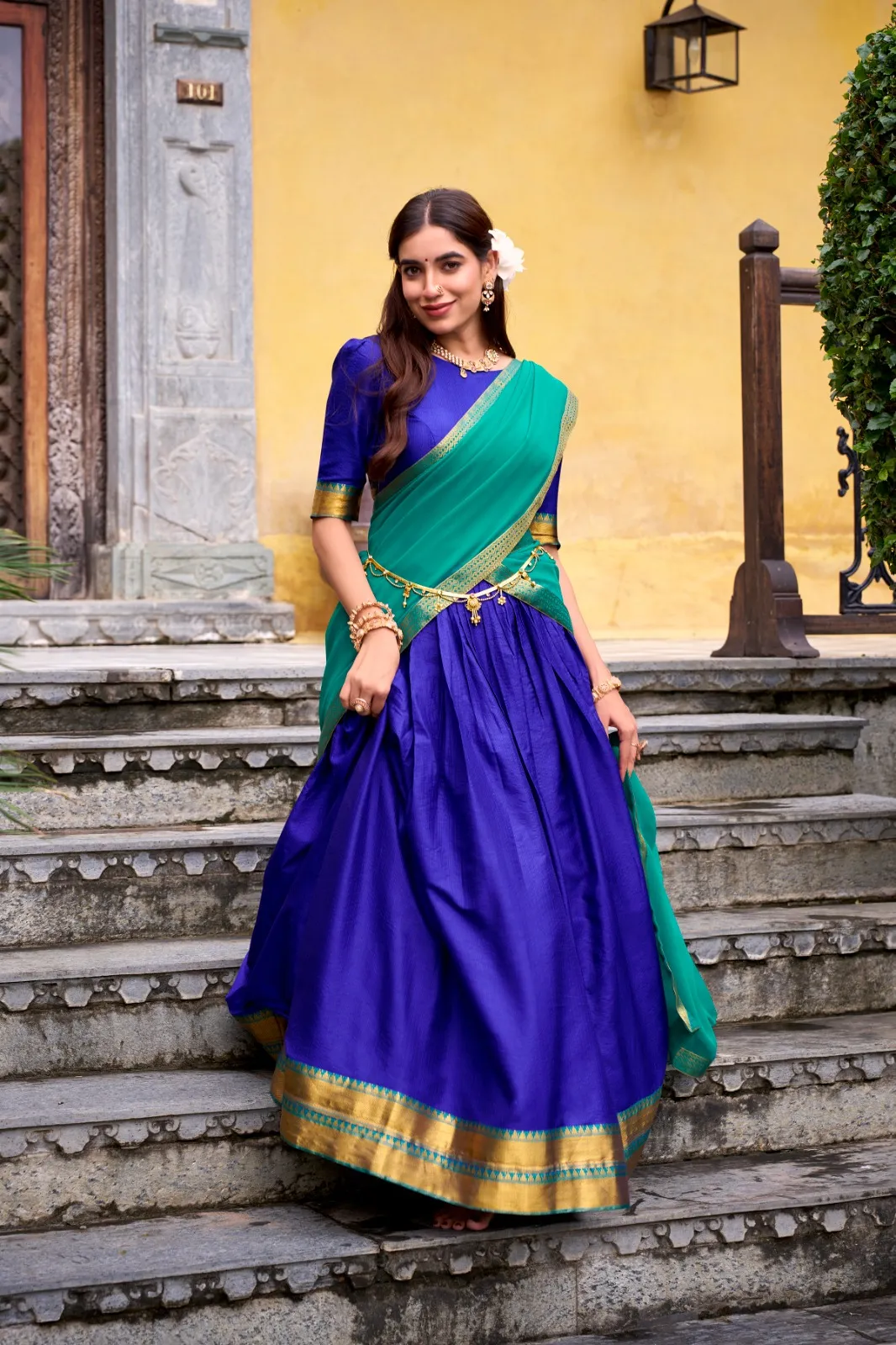 Stylish Plain with Jacquard Border half Saree - Image 2