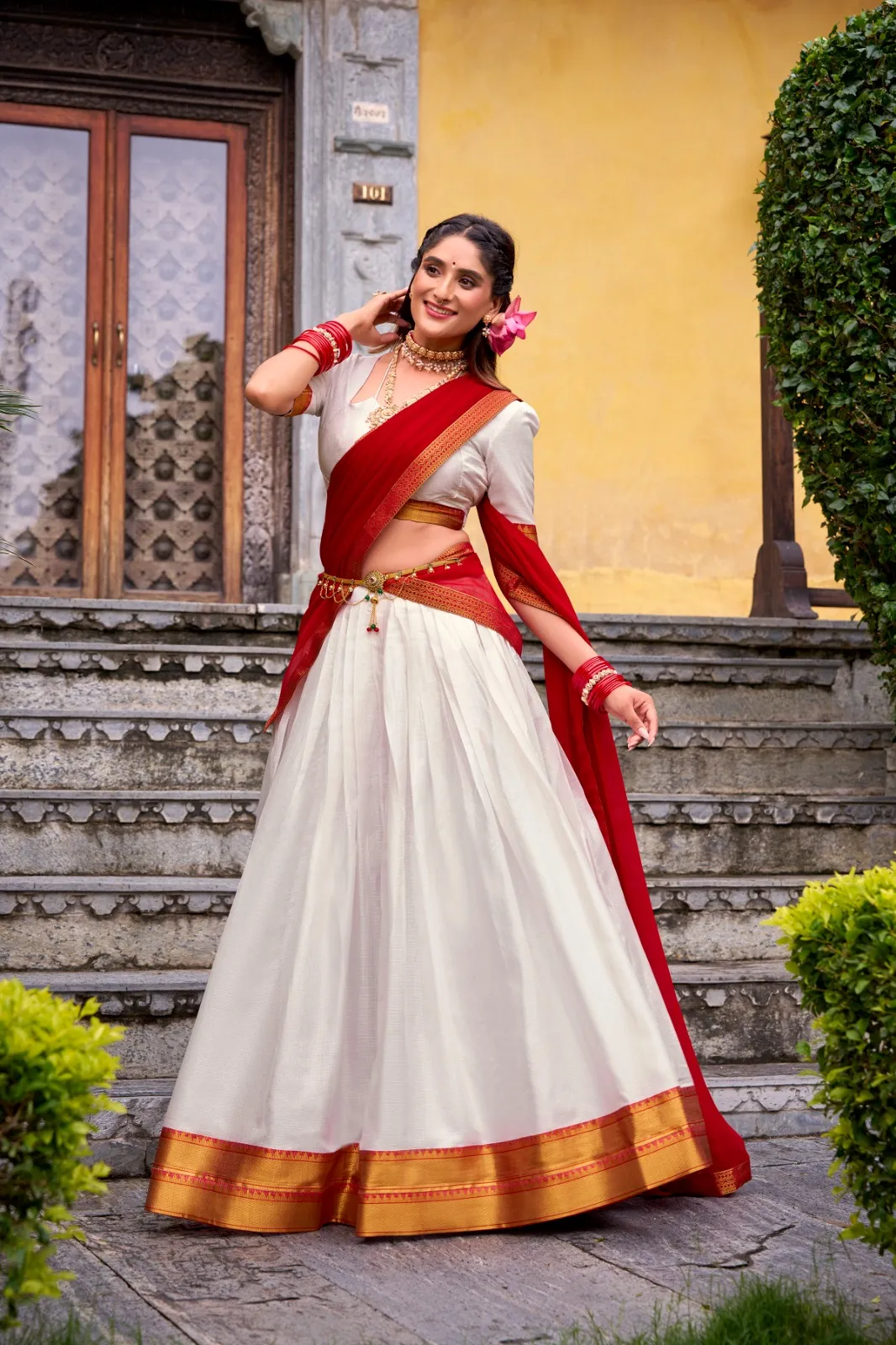 Stylish Plain with Jacquard Border half Saree - Image 4