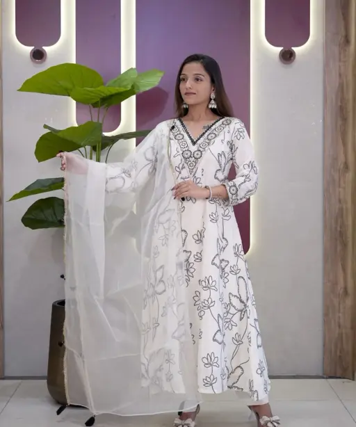 Stylish White Color Anarkali Kurti Set